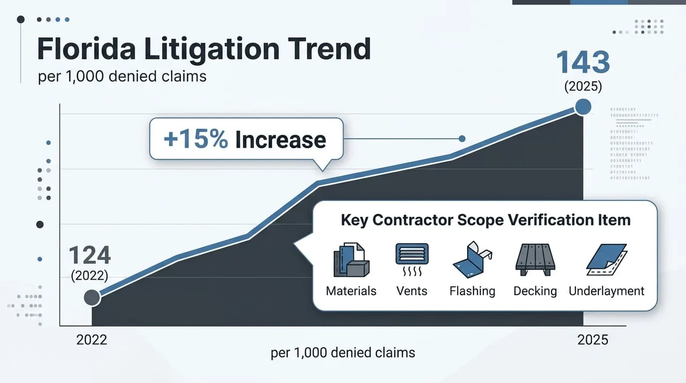 Florida lawsuits per 1,000 denied claims rising from 124 in 2022 to 143 in 2025, a 15% increase
