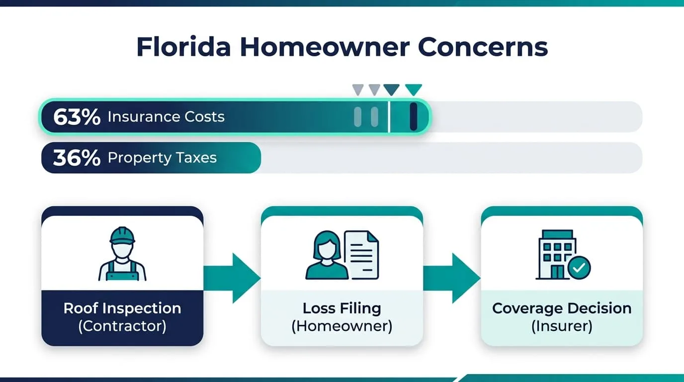 63% of surveyed Florida homeowners named property insurance as a greater concern than property taxes, at 36%, and the path from roof inspection to the homeowner filing the loss to the insurer's coverage decision