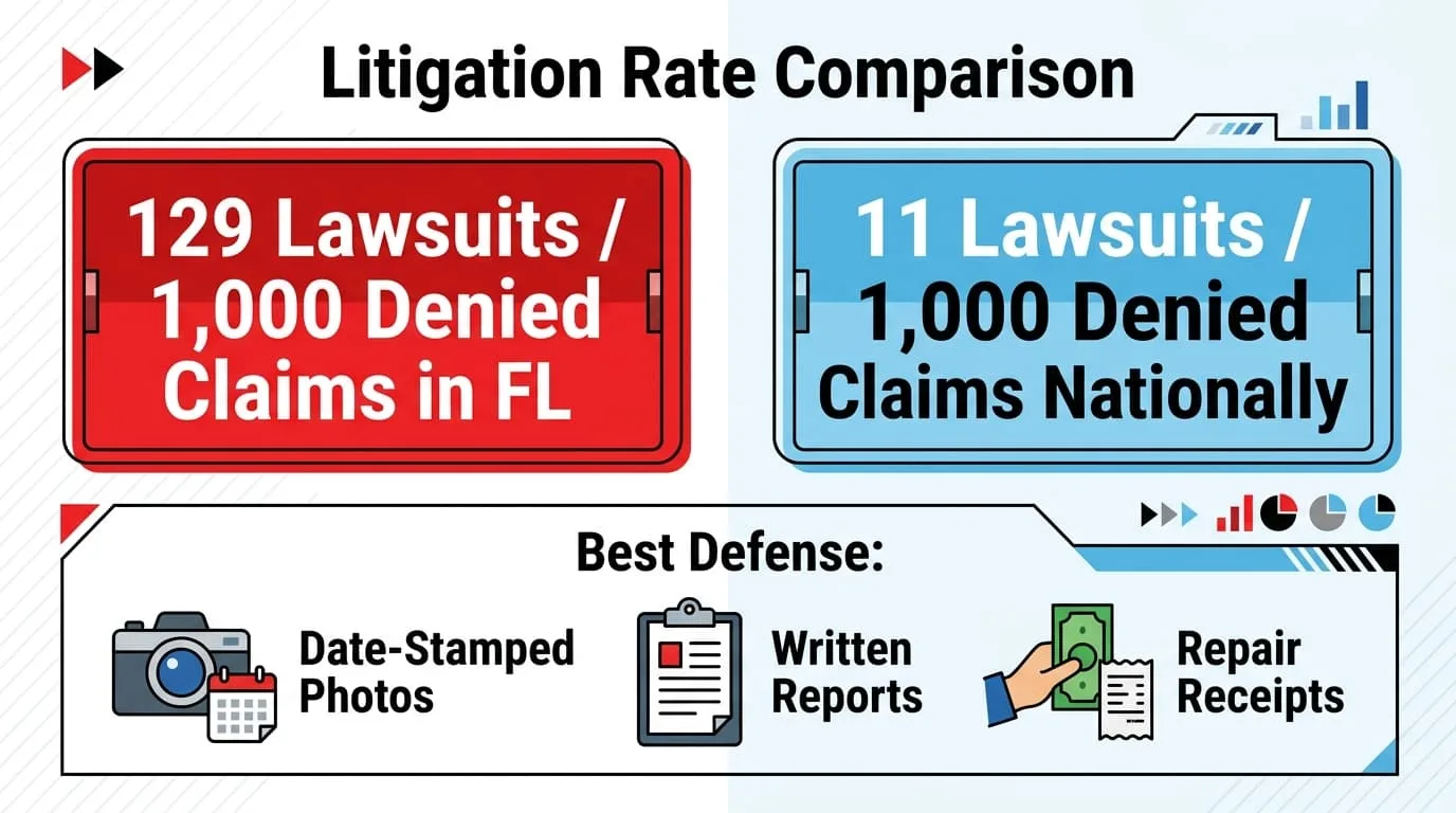 129 lawsuits per 1,000 denied claims in Florida compared with about 11 per 1,000 denied claims nationally
