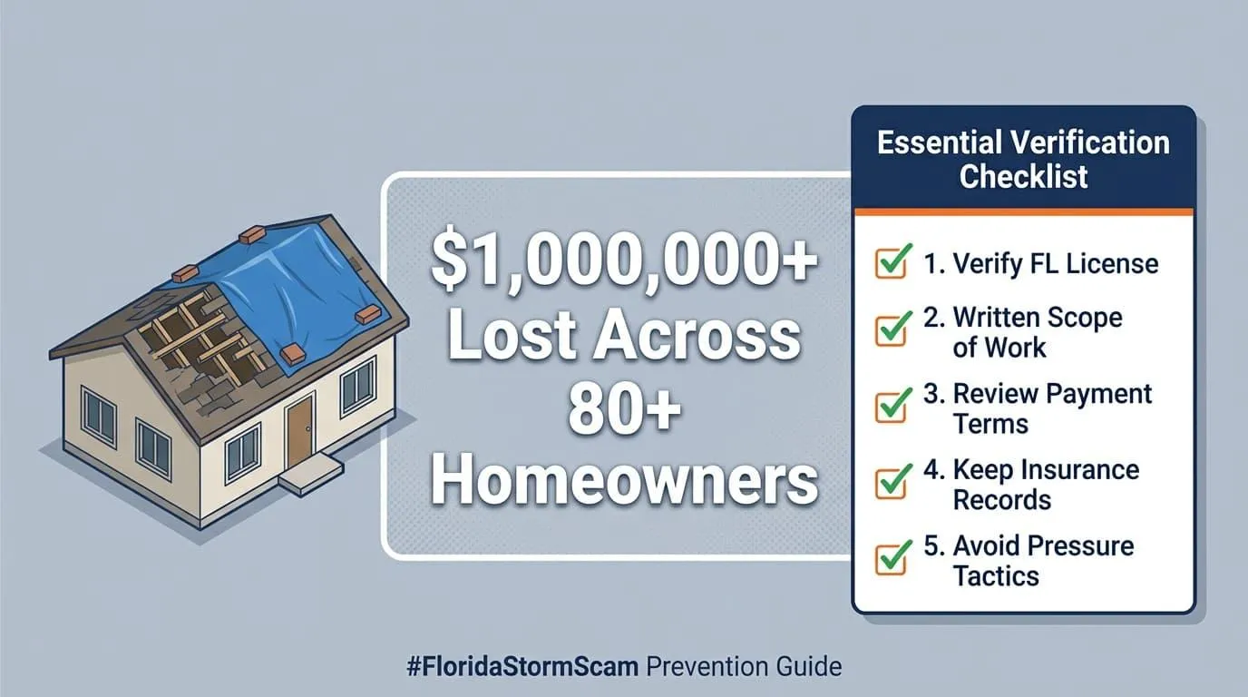 Graphic stating more than $1,000,000 was lost across 80 or more homeowners, with a five-step license and contract checklist