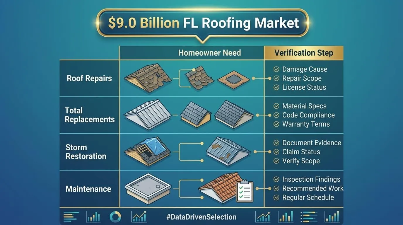 Table of homeowner needs and verification steps under a $9.0 billion Florida roofing market heading
