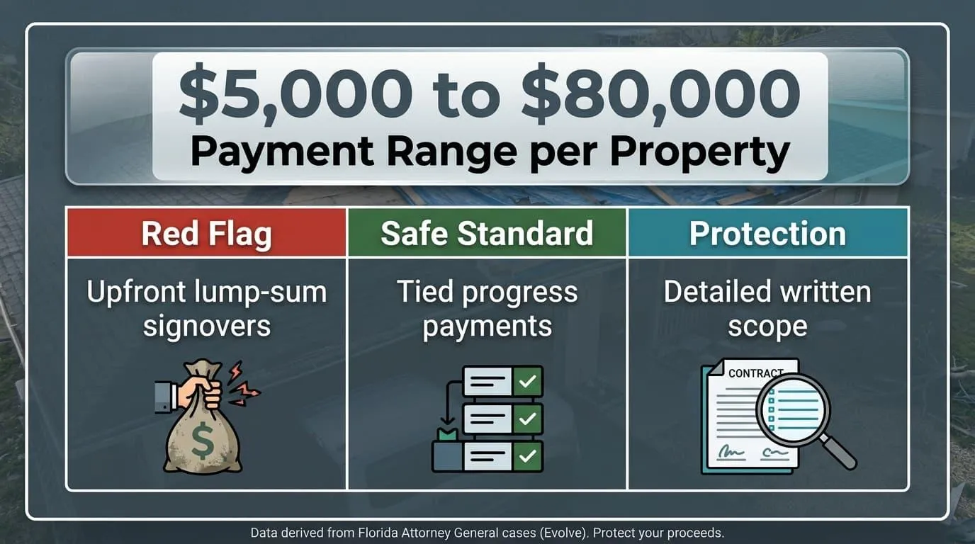 Graphic showing a $5,000 to $80,000 payment range per property, contrasting upfront lump-sum signovers with progress payments and a written scope
