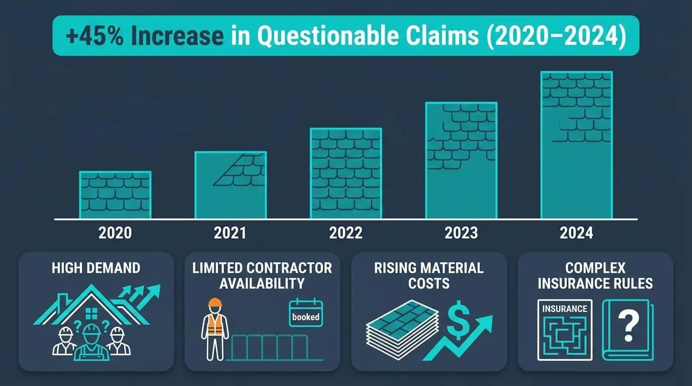 Chart titled plus 45 percent increase in questionable claims from 2020 to 2024, with notes on demand, contractor availability, material costs, and insurance rules