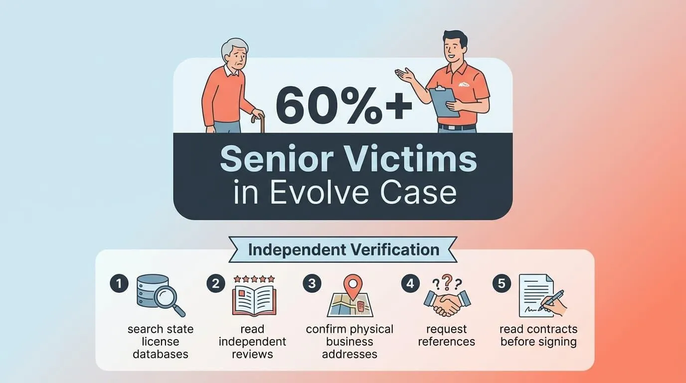 Graphic stating more than 60 percent of complainants in the Evolve case were seniors, with five independent verification steps