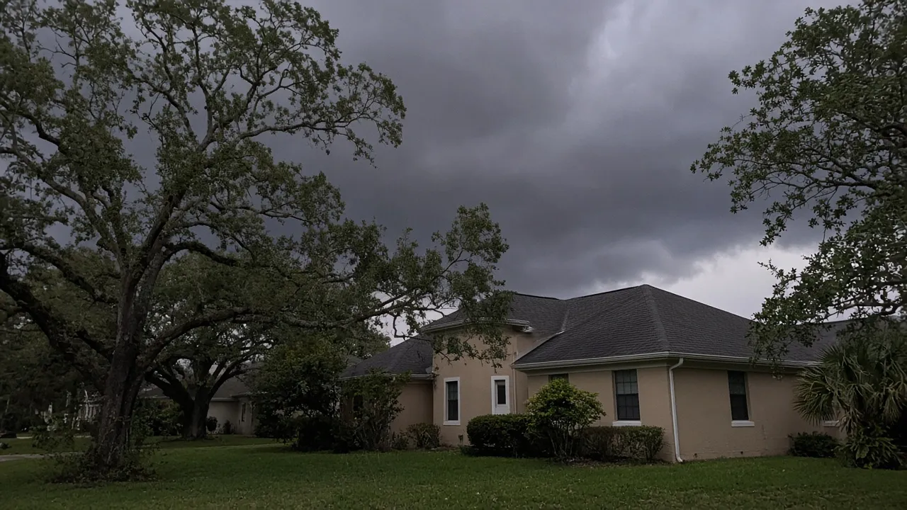 Afternoon storm clouds over a finished shingle roof in Central Florida
