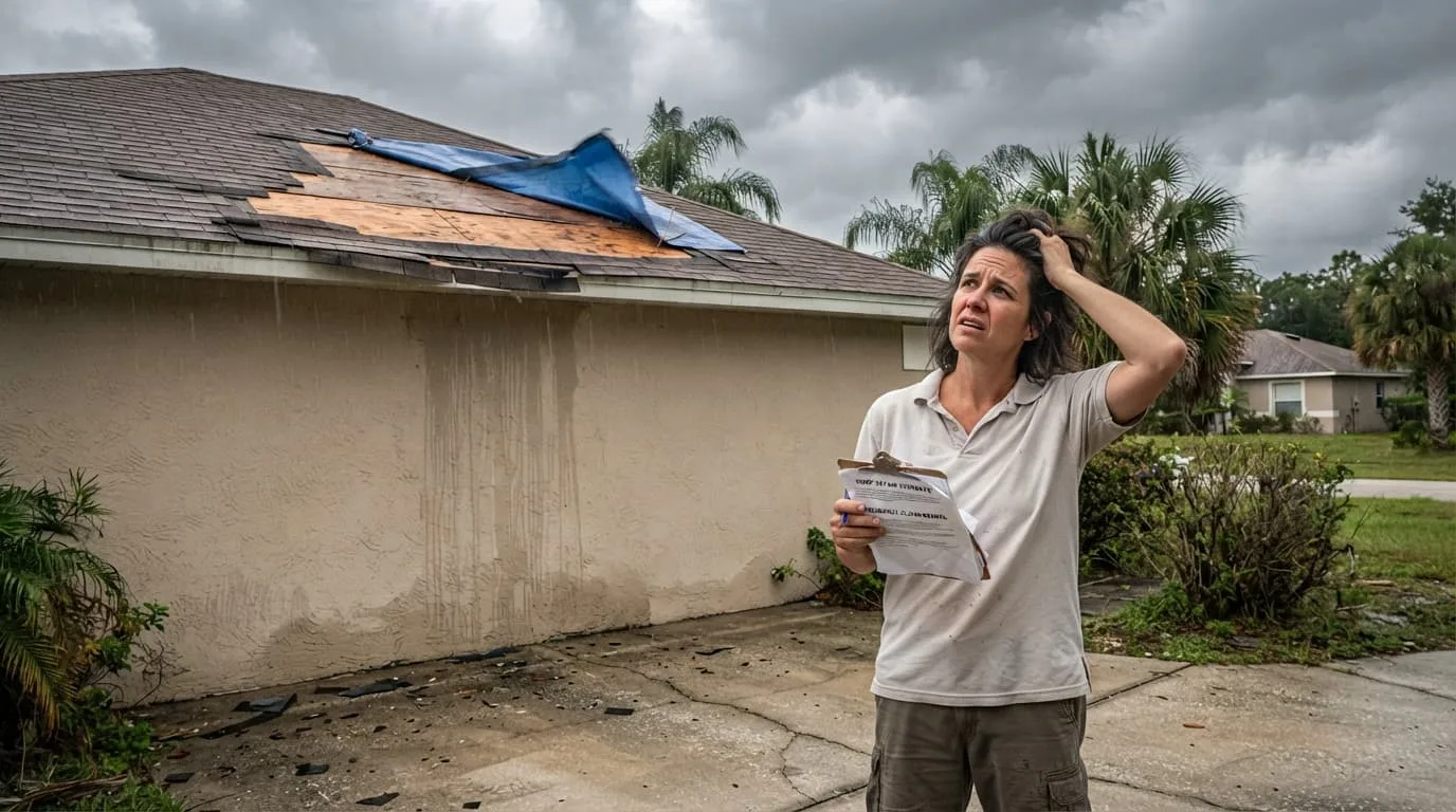 Homeowner in front of a Florida house with missing shingles and a blue tarp on the roof
