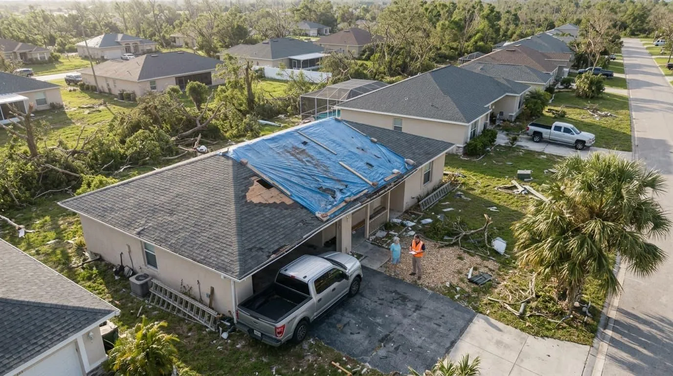 Wider aerial view of a storm-damaged Florida neighborhood with a blue tarp on one roof